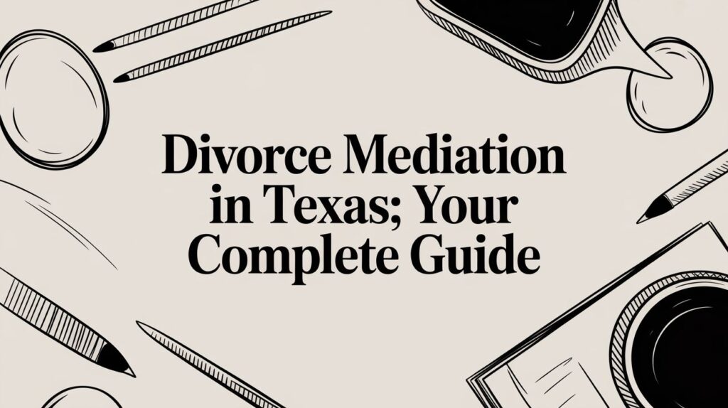 Divorce mediation in Texas guide with decorative elements like pens, a magnifying glass, and a coffee cup, emphasizing legal support for families in Atascocita and Humble.