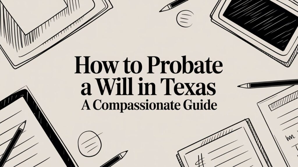 How to Probate a Will in Texas, illustrated guide with legal documents and pens, emphasizing estate planning for families.