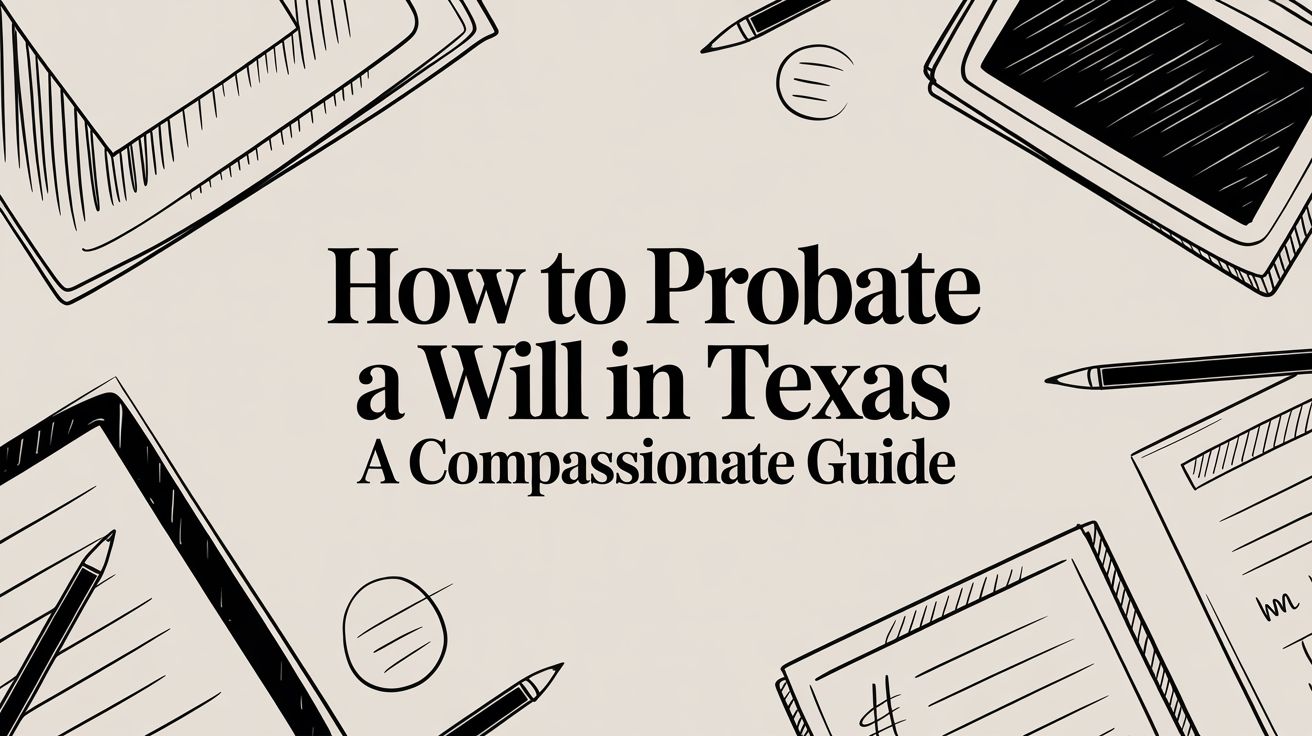 How to Probate a Will in Texas, compassionate guide with legal documents and writing tools on a desk.