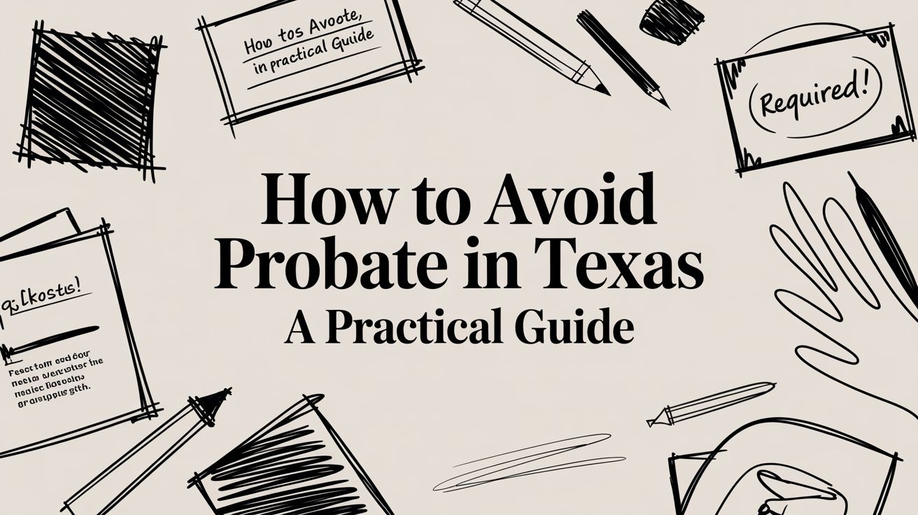 How to Avoid Probate in Texas graphic with handwritten-style elements and notes, emphasizing practical guidance for estate planning.