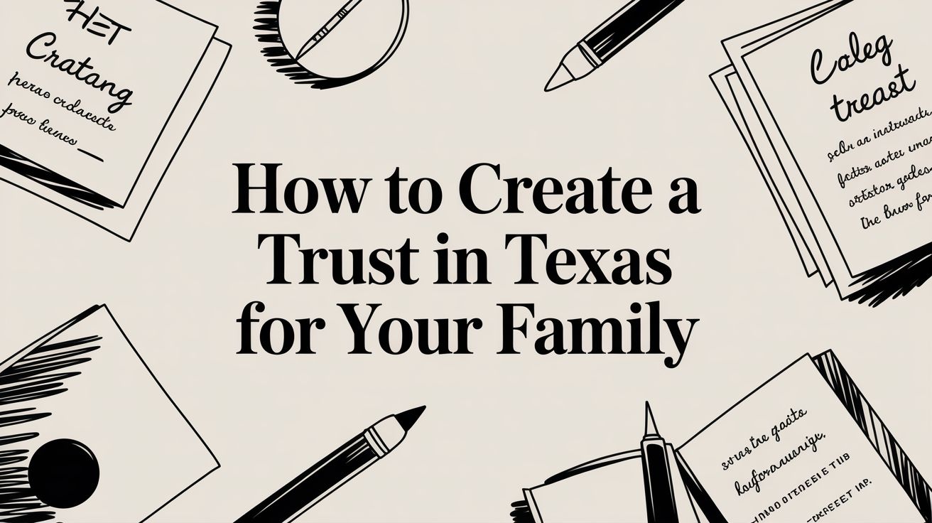 Illustration featuring the title "How to Create a Trust in Texas for Your Family" surrounded by sketches of pens and papers, emphasizing estate planning and trust creation for families in Texas.