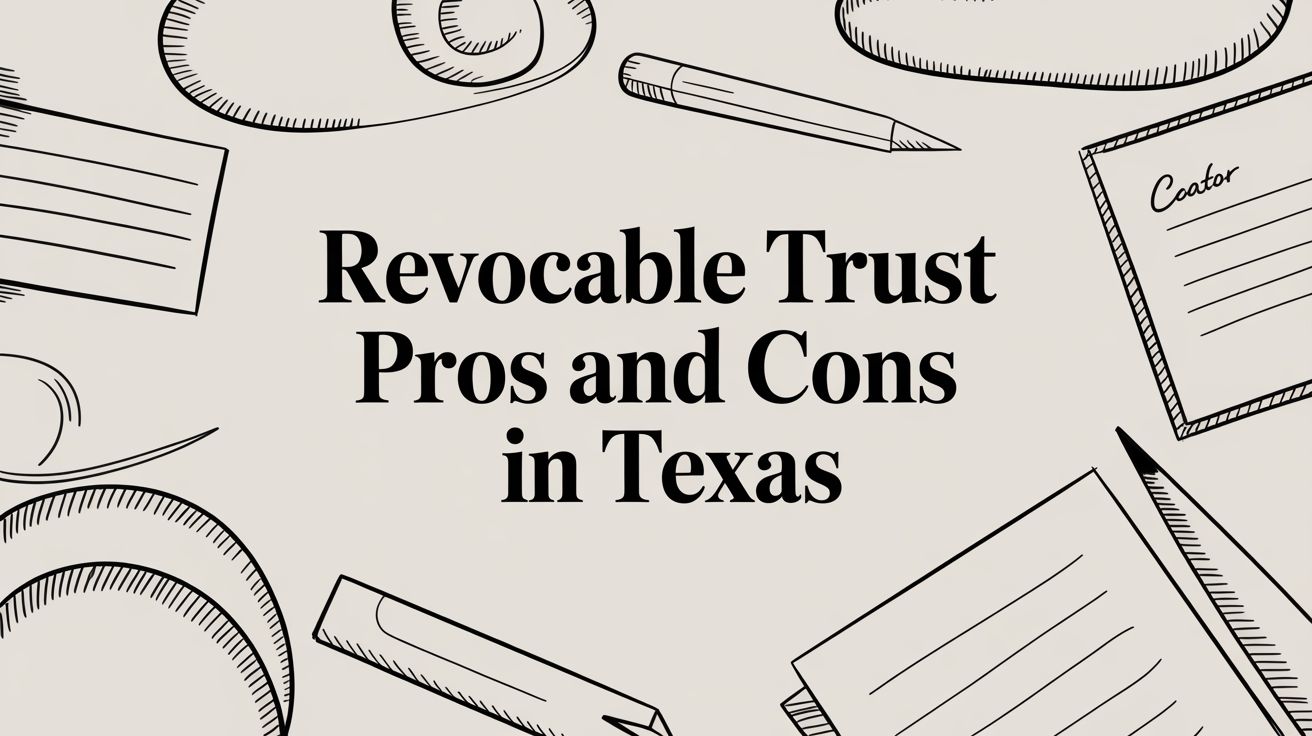 Revocable trust pros and cons in Texas, illustrated with legal documents, pens, and paper, emphasizing estate planning themes relevant to Atascocita families.