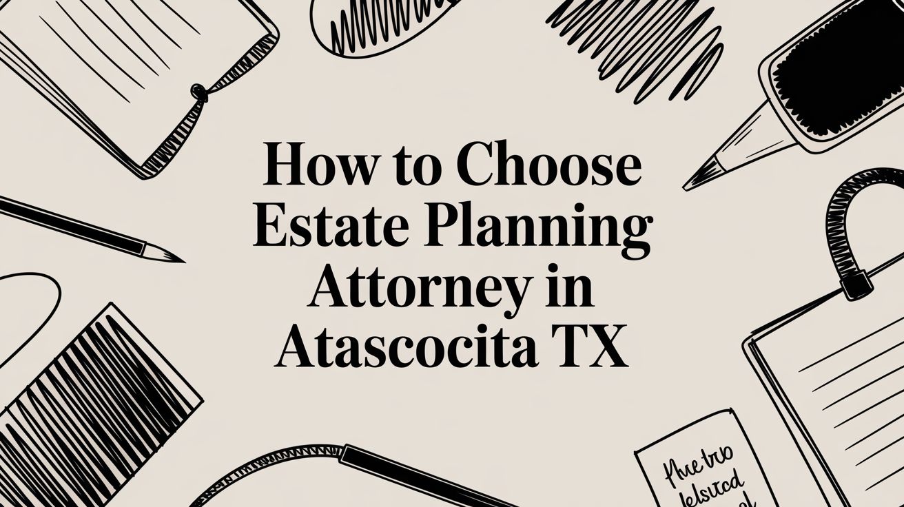 How to choose an estate planning attorney in Atascocita TX, illustrated with legal-themed graphics and stationery elements.