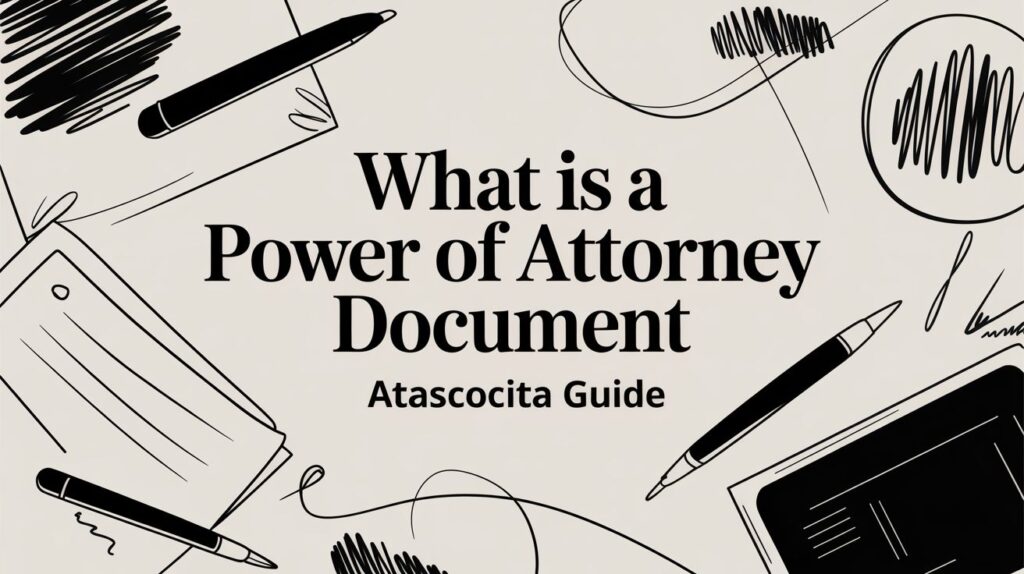 What is a Power of Attorney Document guide with Atascocita branding, surrounded by pens and paper, emphasizing estate planning and legal services.