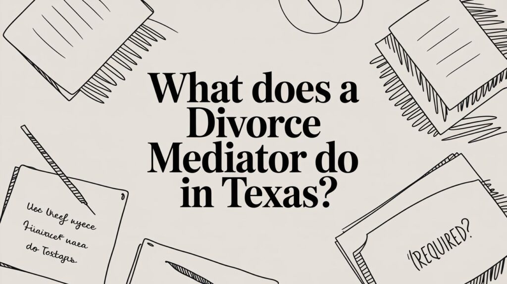 What does a Divorce Mediator do in Texas? text graphic with notes and stationery elements, relevant to divorce mediation guidance for Atascocita and Humble families.