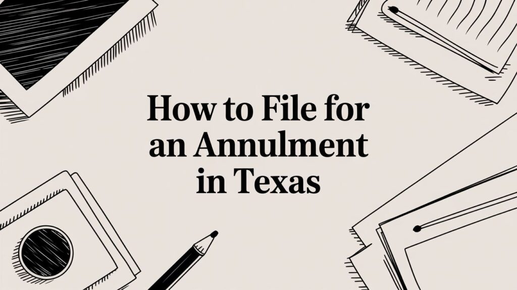 How to file for an annulment in Texas with legal documents and stationery in a minimalist design.