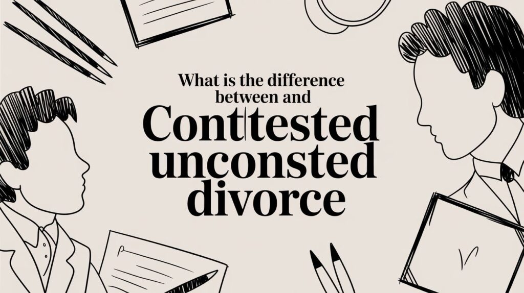 Illustration comparing contested and uncontested divorce, featuring two individuals in discussion with legal documents and writing tools.