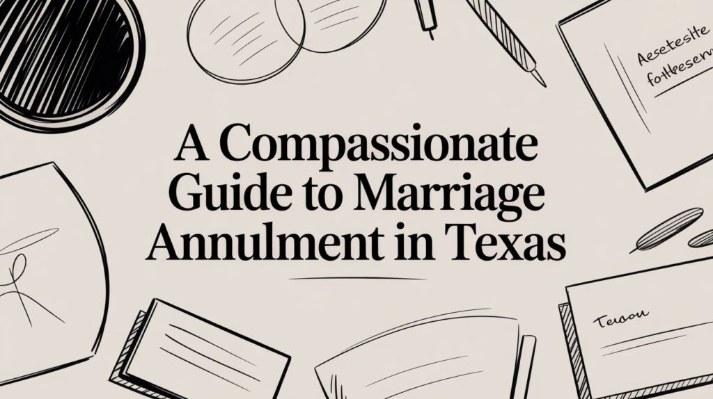 A Compassionate Guide to Marriage Annulment in Texas with wedding rings and legal documents on a neutral background.