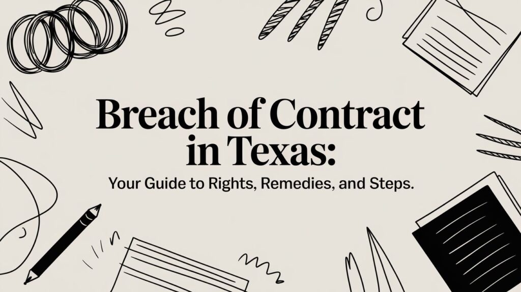 Breach of Contract in Texas title graphic with guide to rights, remedies, and steps, featuring illustrations of legal documents and writing tools.