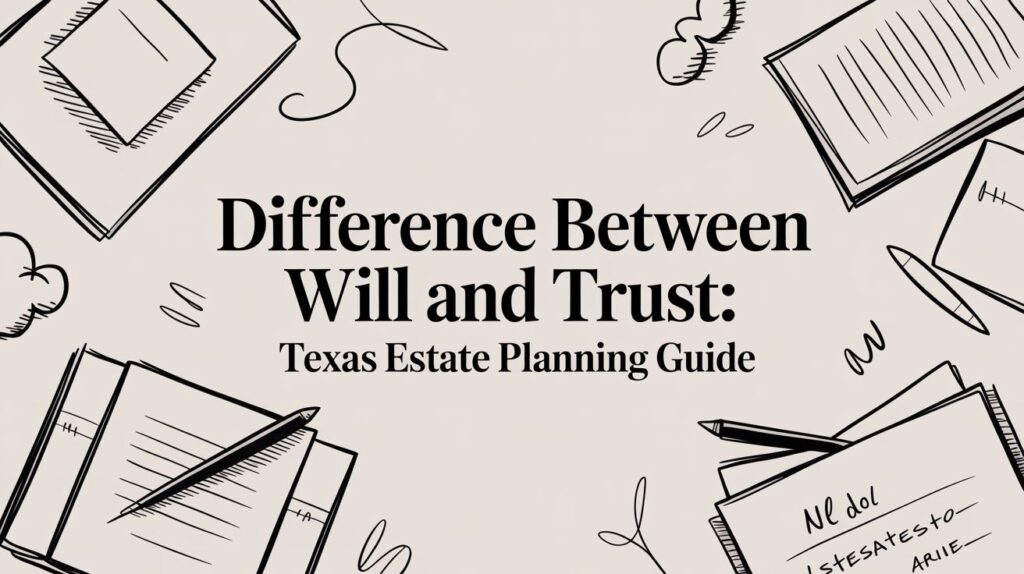 Difference between will and trust graphic, Texas estate planning guide, featuring illustrated notebooks and a pen, relevant to estate planning services for Atascocita families.