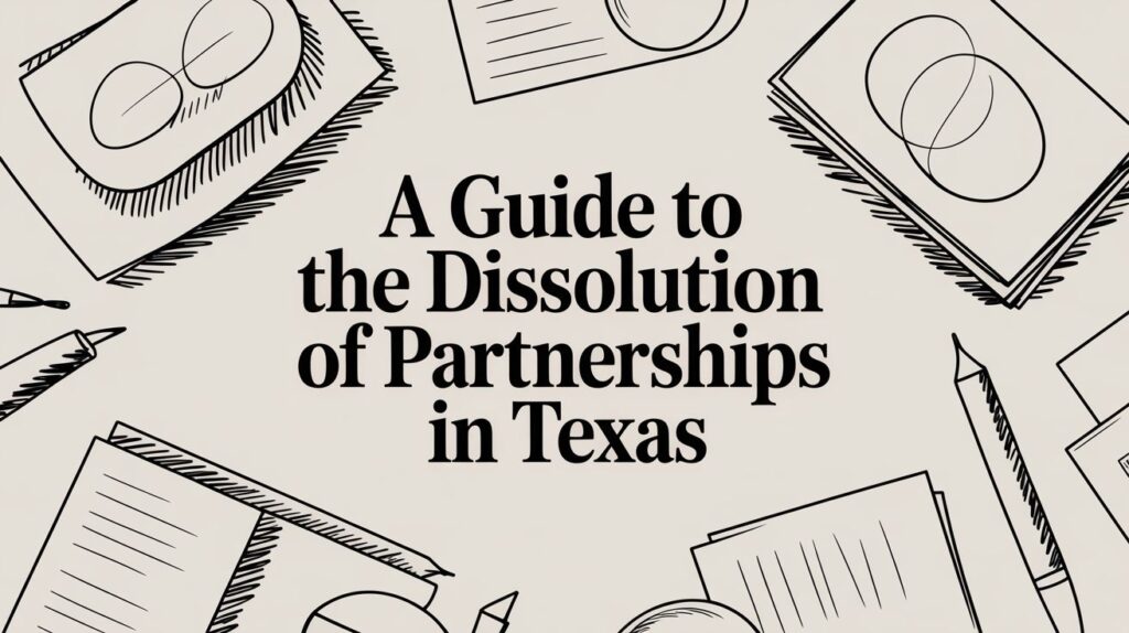 A Guide to the Dissolution of Partnerships in Texas, featuring legal documents and stationery, emphasizing business law and partnership dissolution.