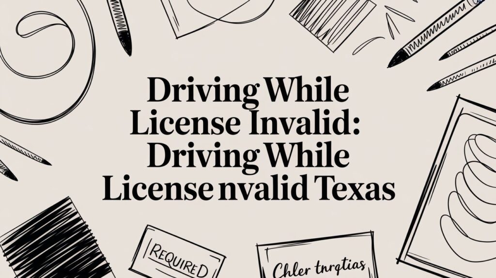 Driving While License Invalid graphic featuring text on legal implications in Texas, surrounded by illustration of legal documents and writing tools.