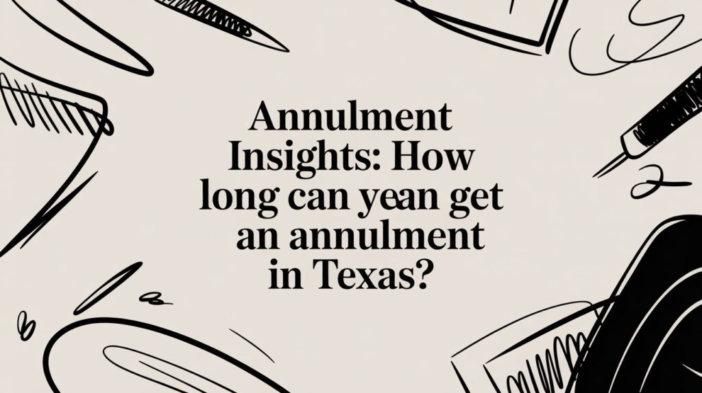 Annulment insights graphic with text "How long can you get an annulment in Texas?" surrounded by drawn legal elements, relevant to Texas annulment processes.