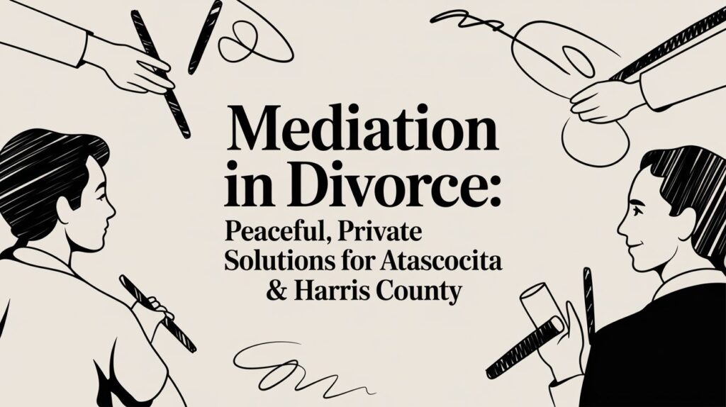Mediation in divorce graphic featuring diverse individuals collaborating, emphasizing peaceful and private solutions for Atascocita and Harris County families.