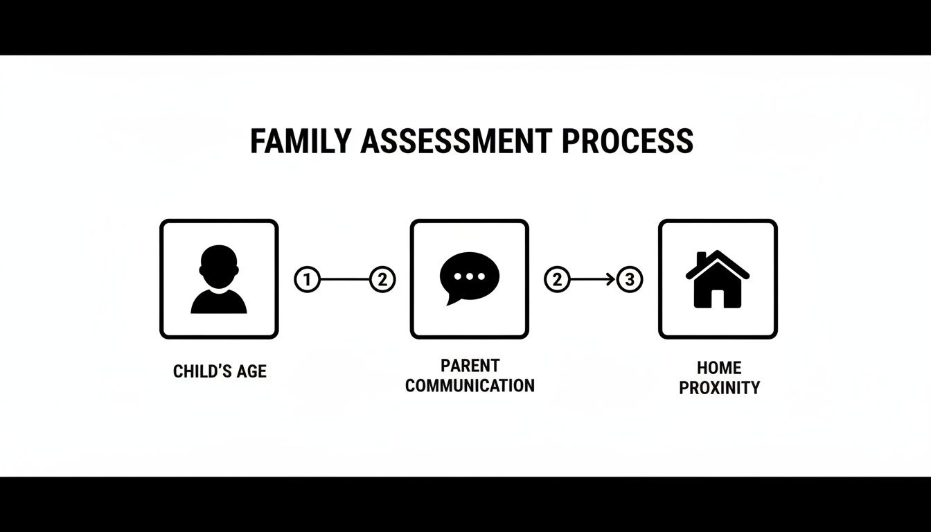 A flow chart illustrating the family assessment process, detailing child's age, parent communication, and home proximity.
