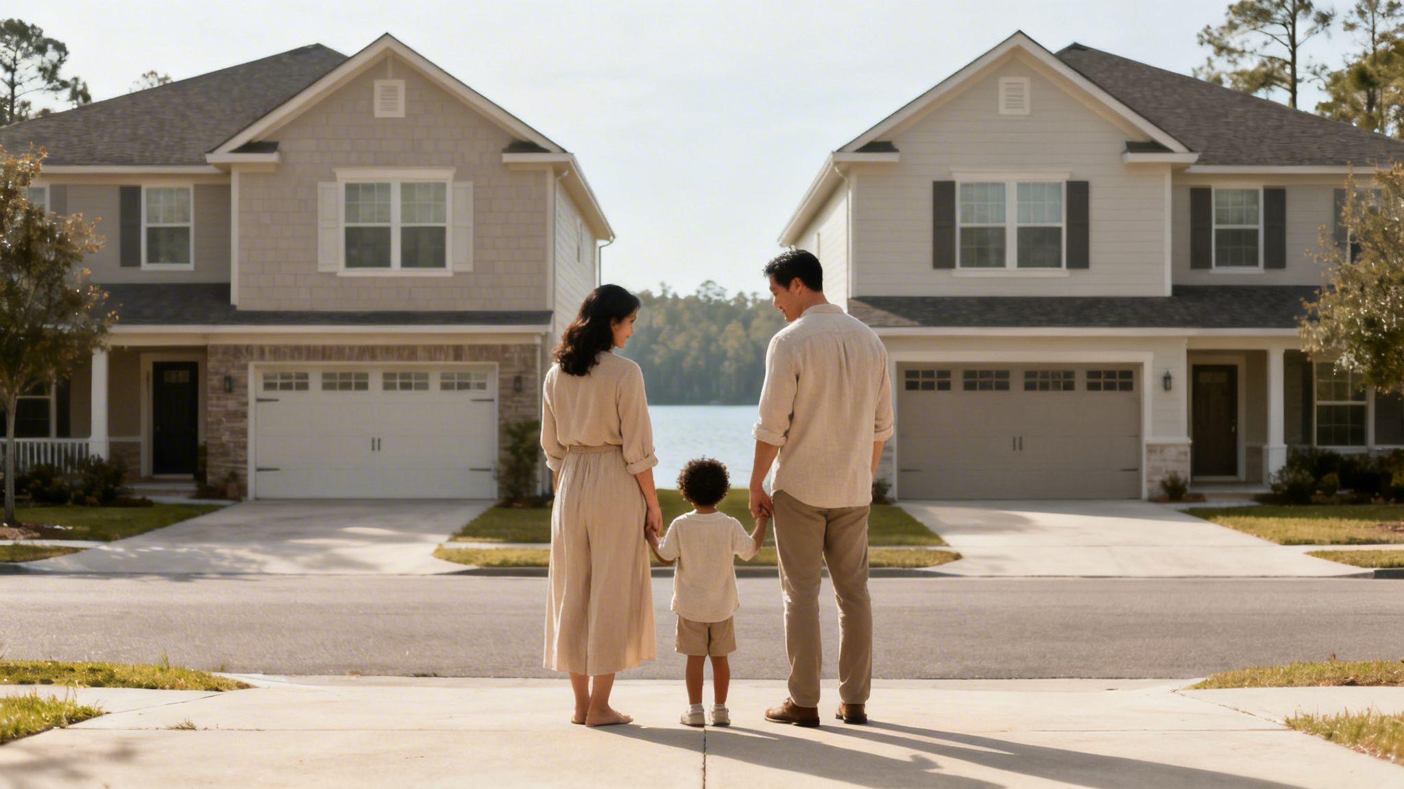 A family of three, seen from behind, holding hands and looking at two modern houses and a lake.