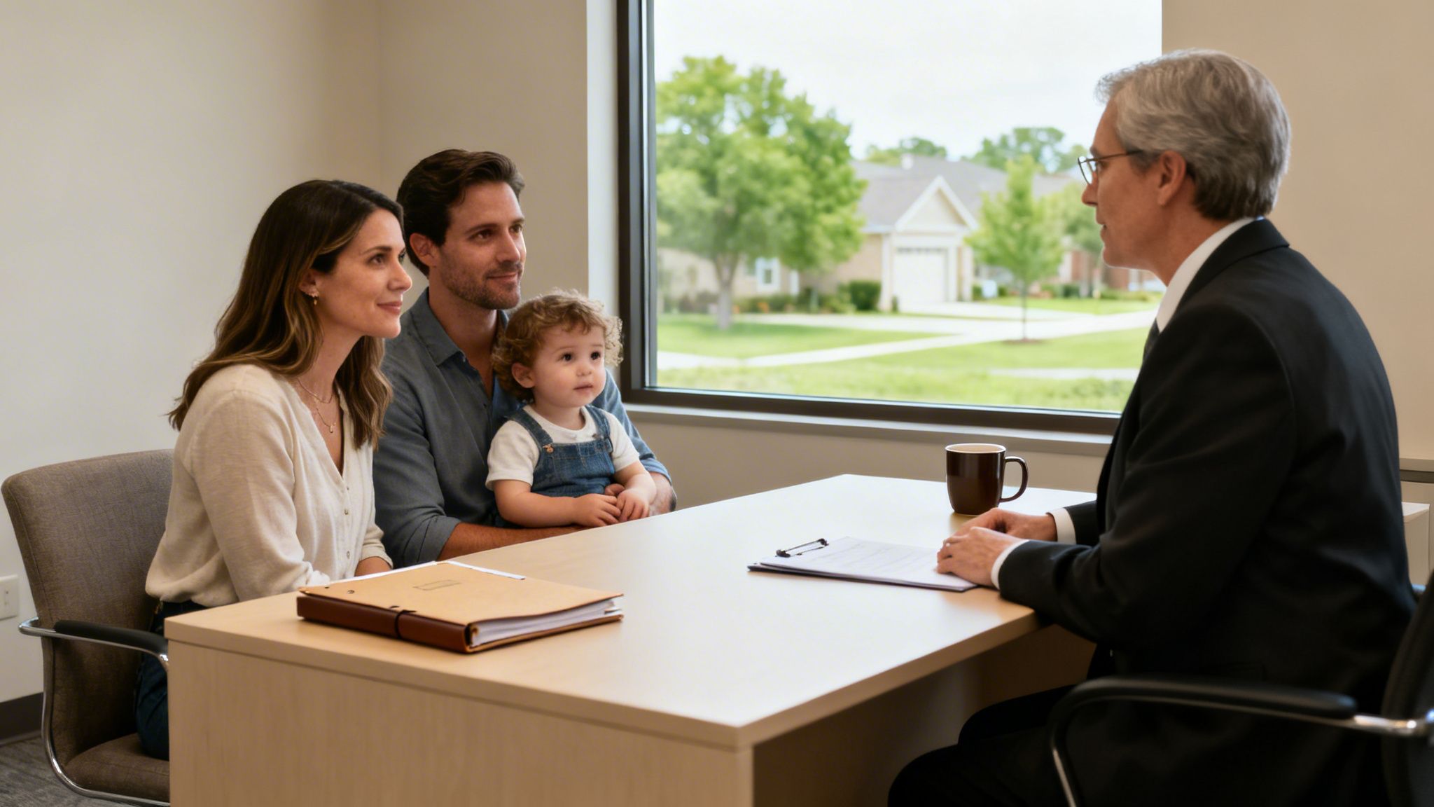 A family with a young child meets with a lawyer at an office desk.