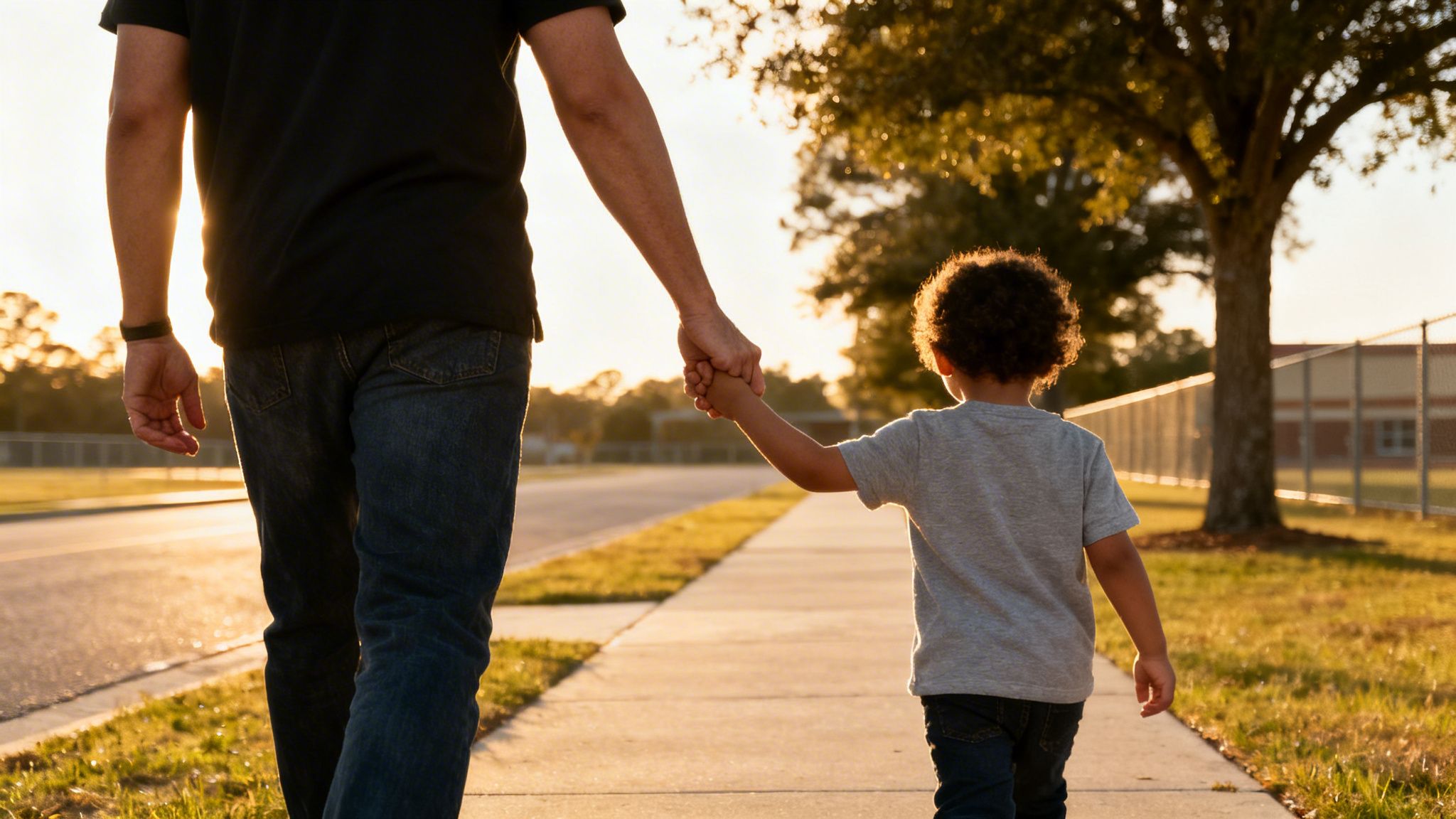 A father and child, seen from behind, walk hand-in-hand on a sunlit sidewalk.