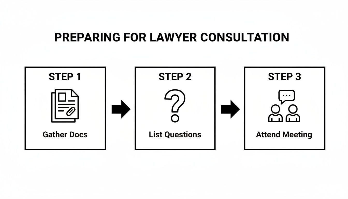 Infographic showing three steps to prepare for a lawyer consultation: gather documents, list questions, attend meeting.