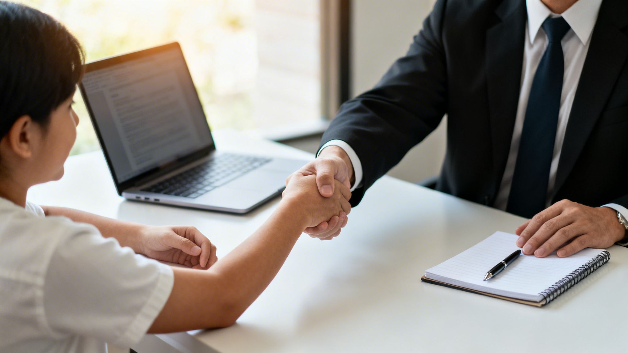 A lawyer and client shake hands at a desk during a meeting with a laptop and notebook.