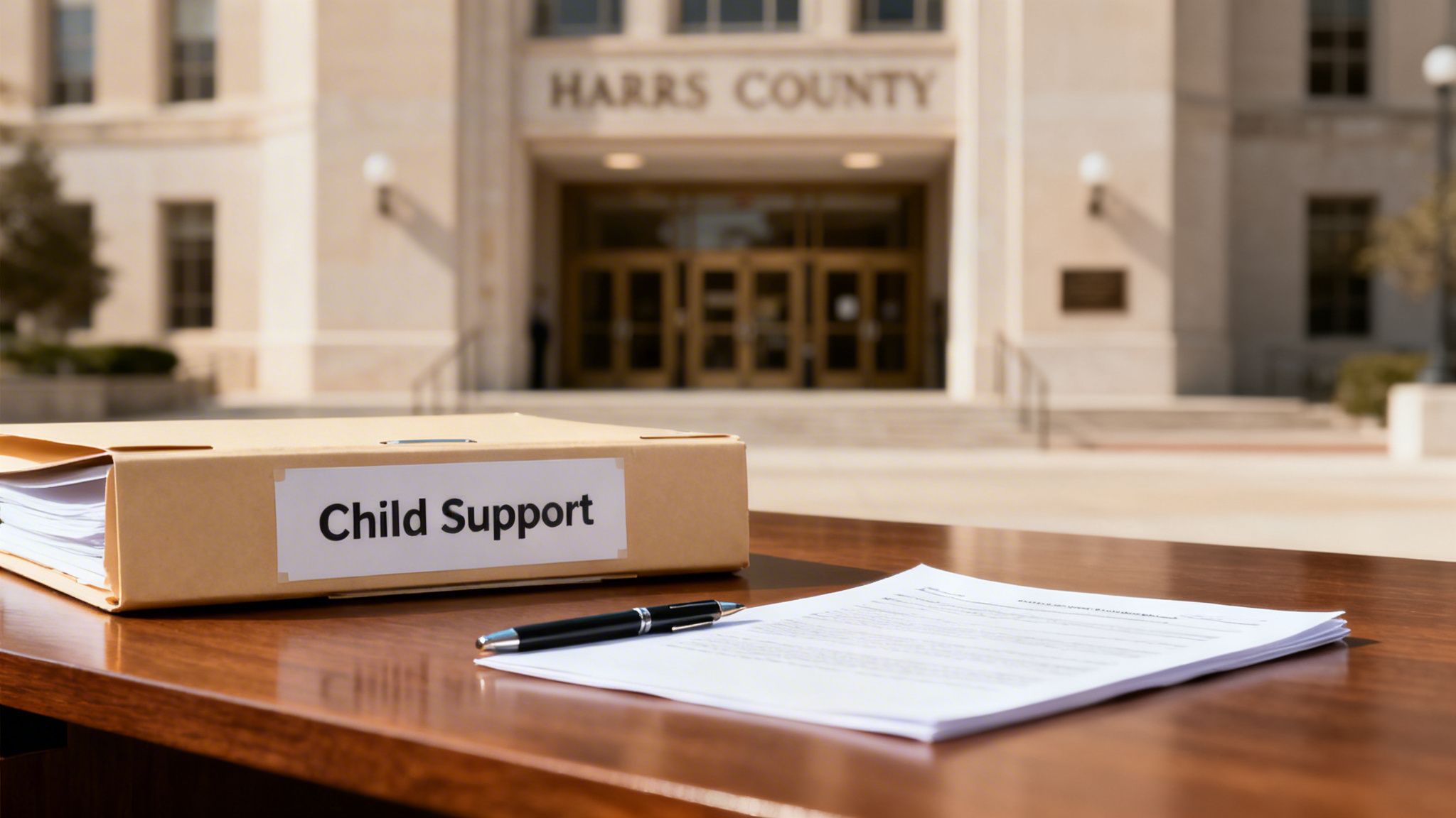 A 'Child Support' folder, documents, and a pen on a table in front of the Harris County building.