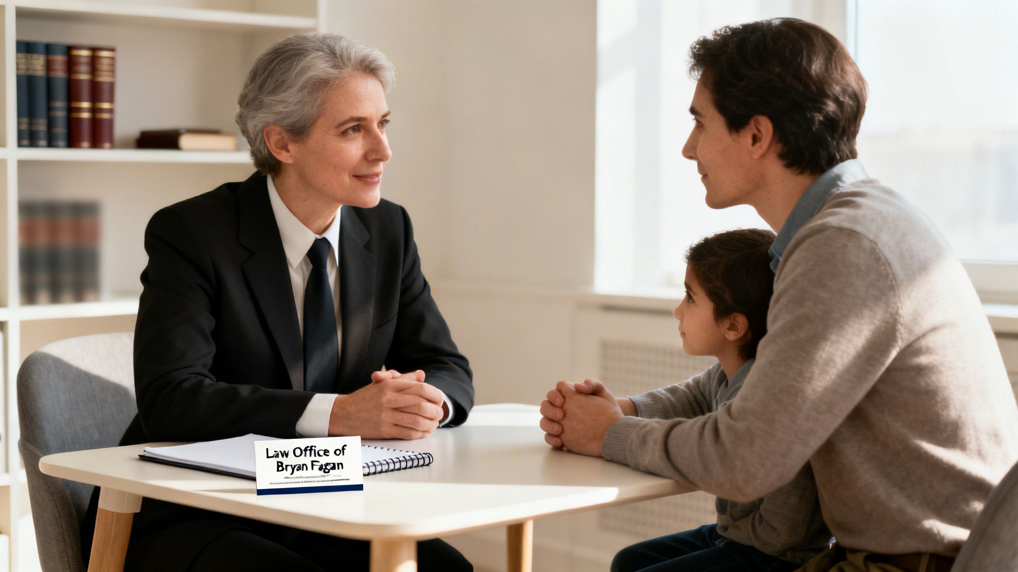 Female attorney discussing legal matters with a father and son in her office.