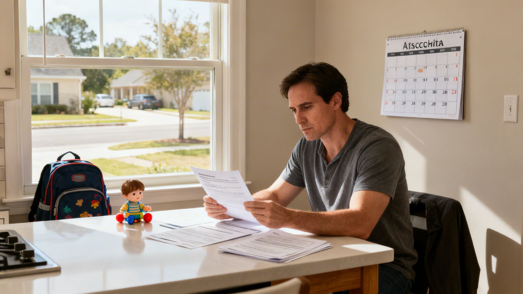 A man at a kitchen counter reads paperwork, with a child's backpack and toy nearby.