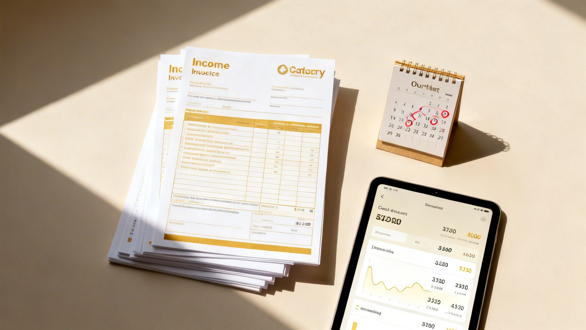 A desk with income invoices, a calendar with circled dates, and a tablet showing financial data.