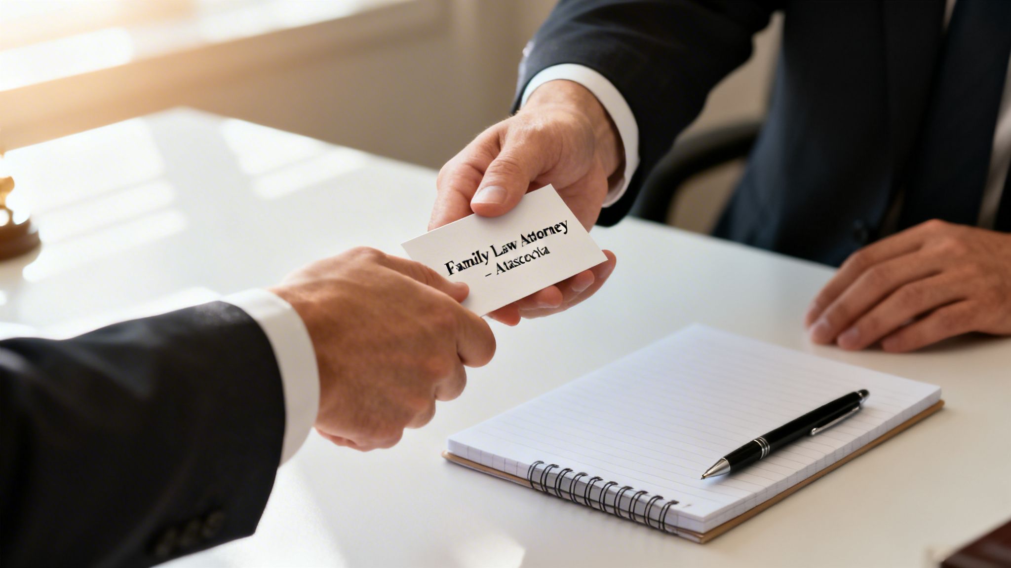 Two professionals exchanging a business card for a family law attorney in Atascocita, Texas.