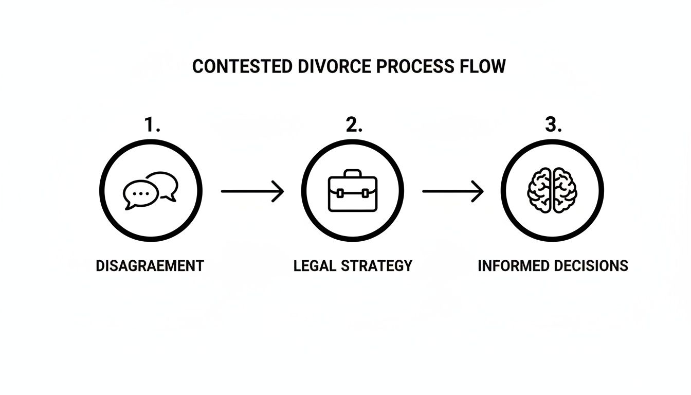 A diagram illustrating the contested divorce process flow from disagreement to legal strategy and informed decisions.