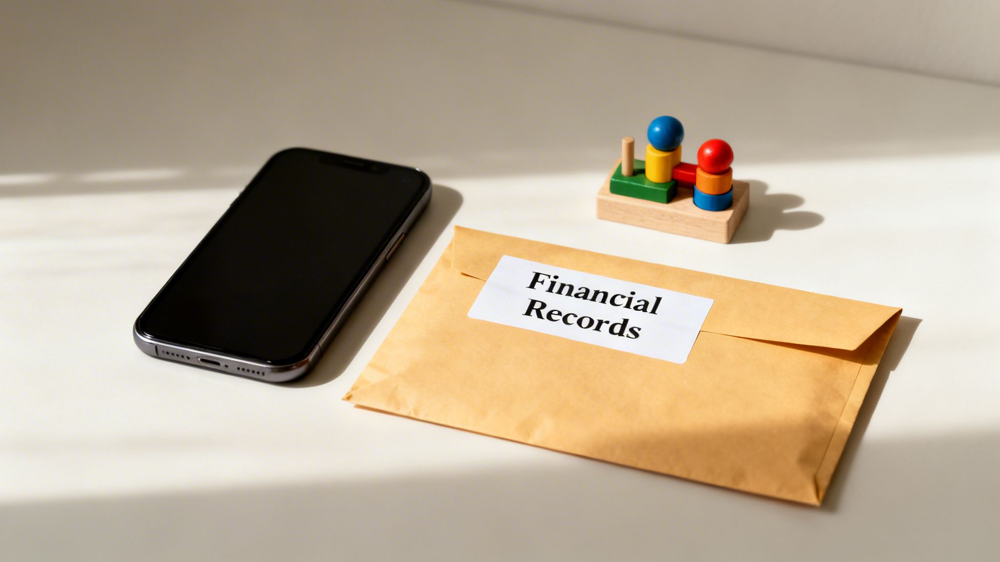 A smartphone, an envelope labeled 'Financial Records,' and a colorful wooden toy on a white table.