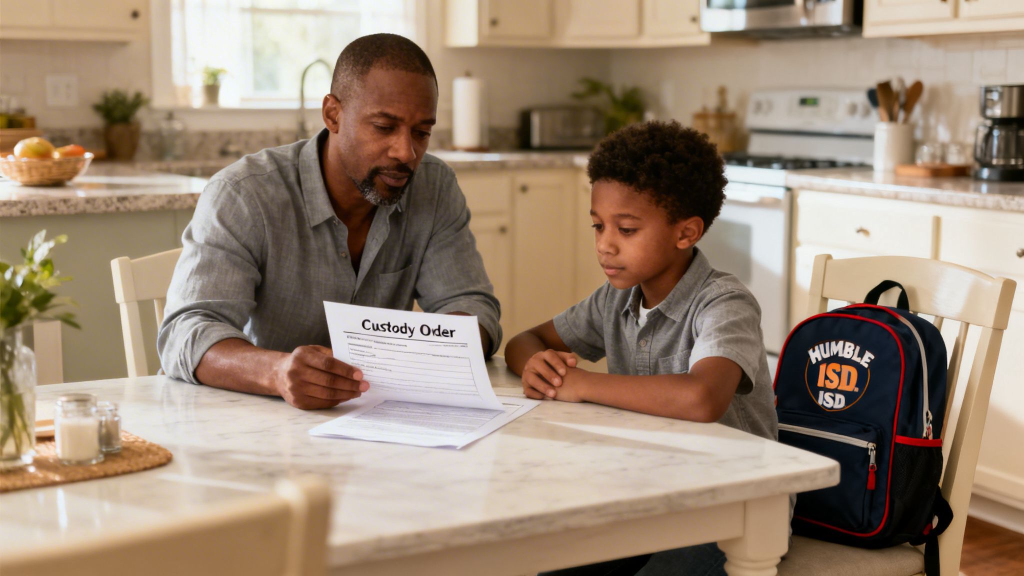 A father reads a "Custody Order" document to his young son at a kitchen table, discussing legal matters.
