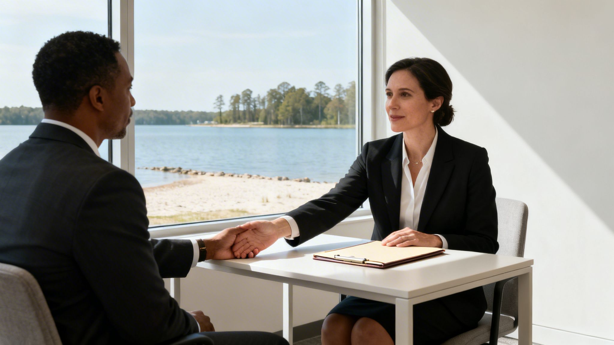 Two professionals in business attire shake hands across a desk during a meeting by a lake.