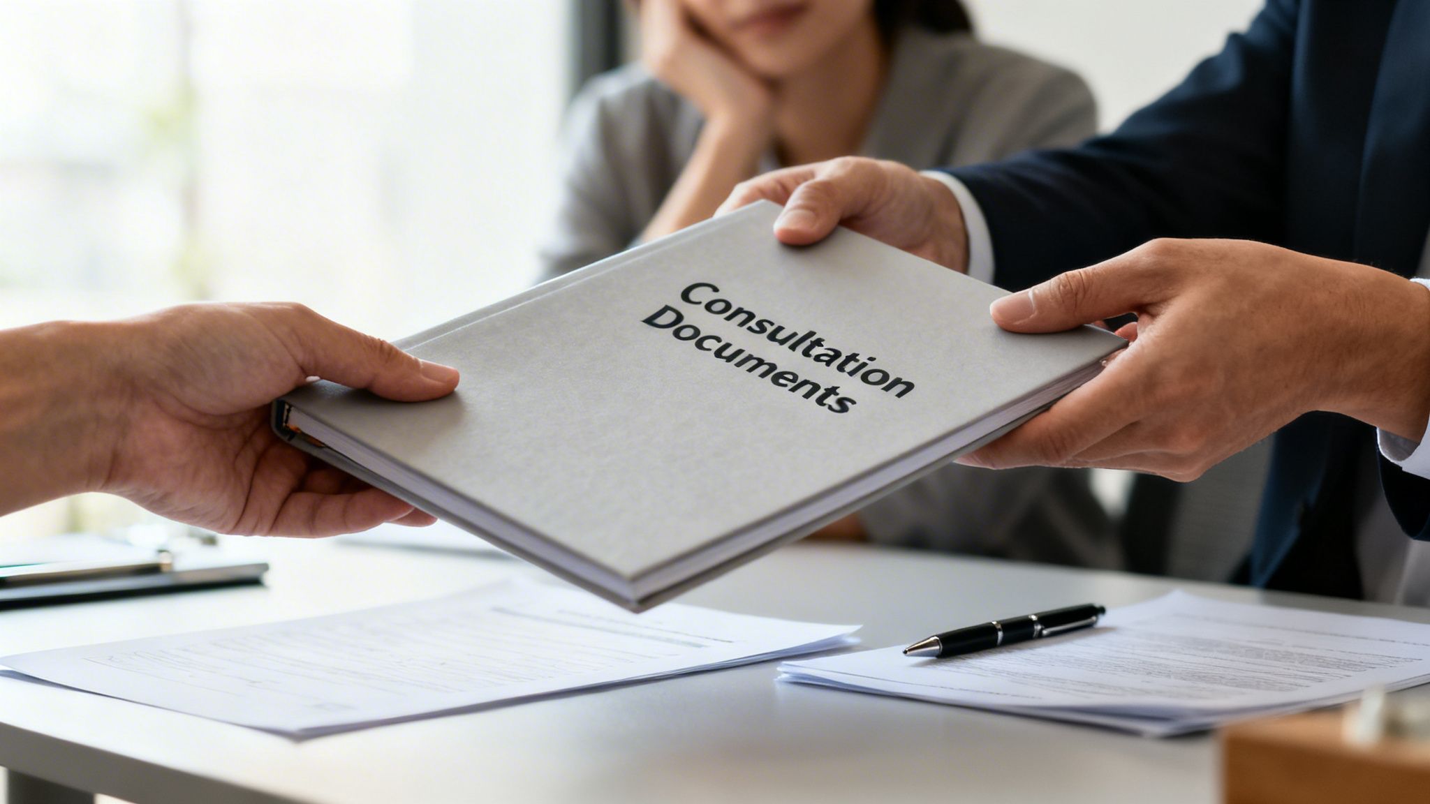 Hands exchanging a 'Consultation Documents' folder during a professional legal or business meeting.
