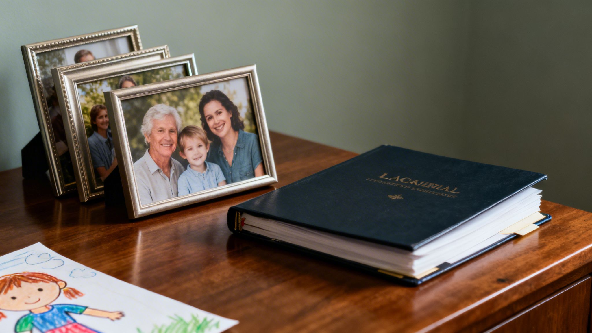 Three framed family photos, a journal, and a child's drawing on a wooden desk.