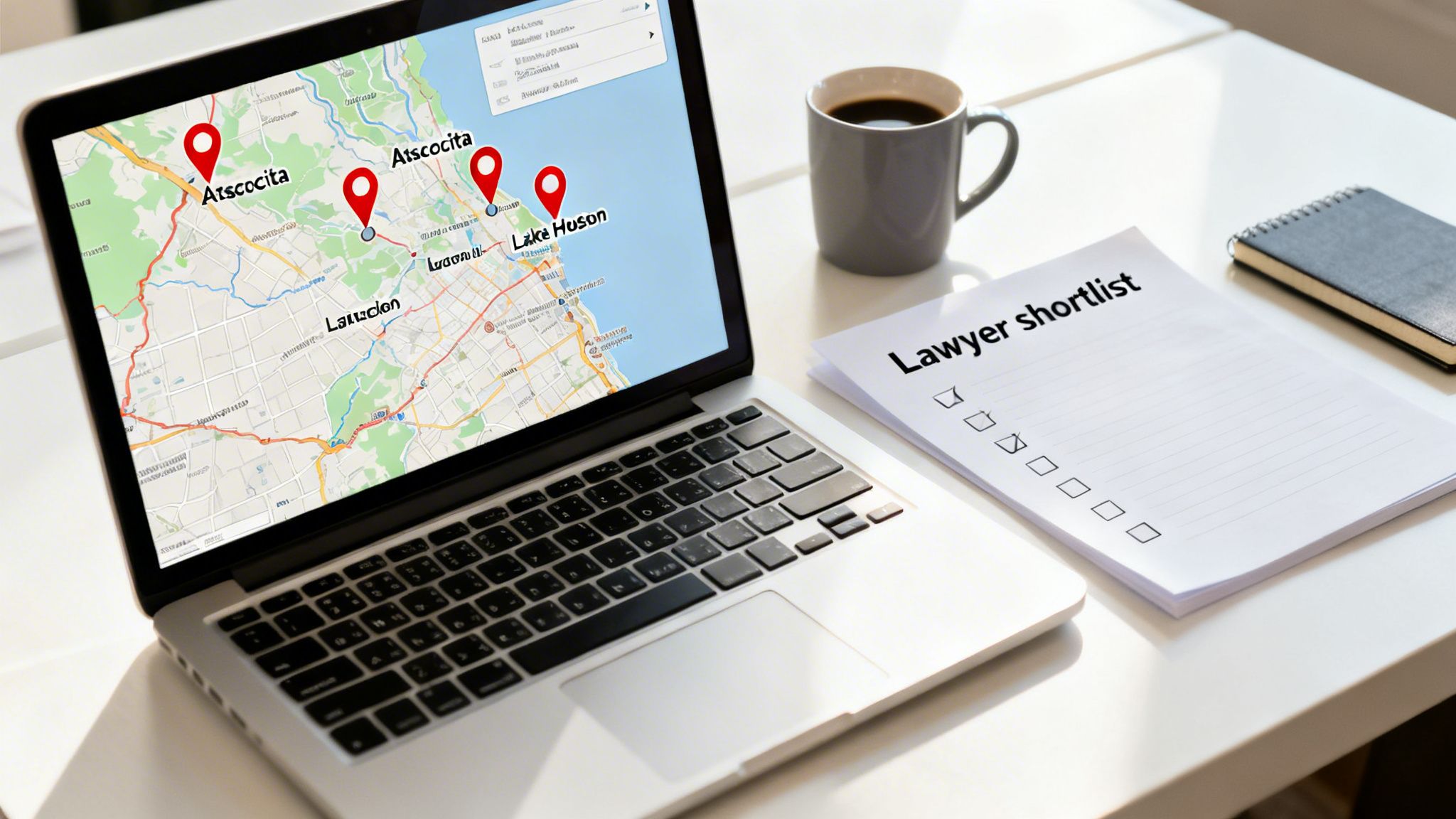 Laptop displays map with pinned locations like Atascocita and Lake Hoson next to a 'Lawyer shortlist'.