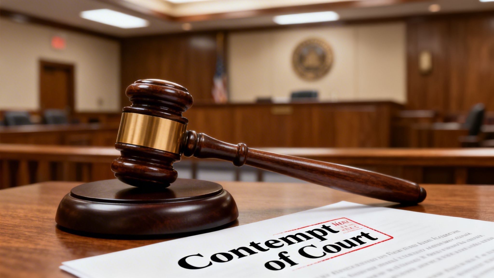 A wooden gavel rests on a table next to a "Contempt of Court" document in a courtroom.