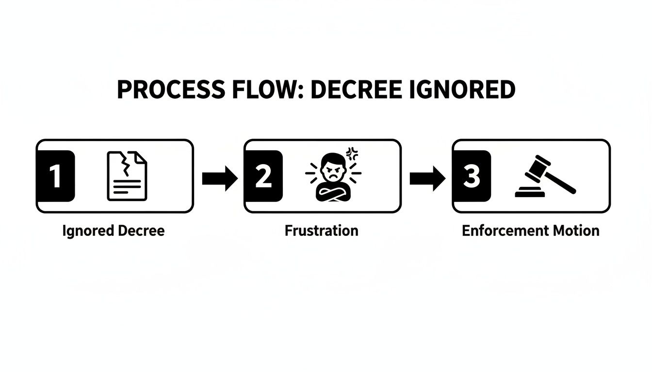 Process flow diagram showing ignored decree leads to frustration, then an enforcement motion.