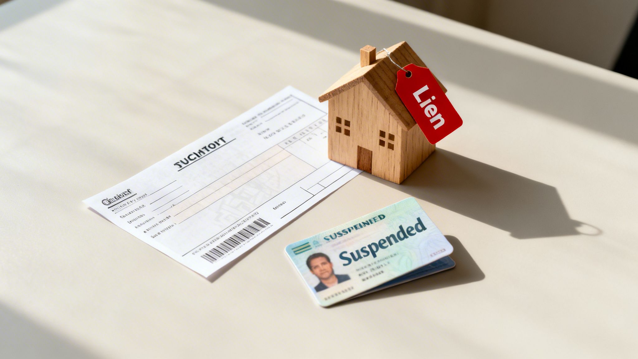 A miniature wooden house with a red 'Lien' tag, a document, and a 'Suspended' ID card.