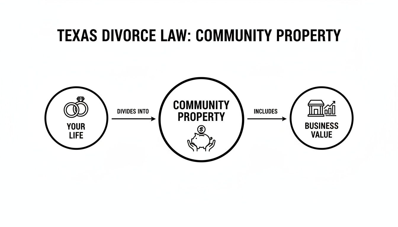 A flowchart explaining Texas divorce law: Your Life divides into Community Property, which includes Business Value.