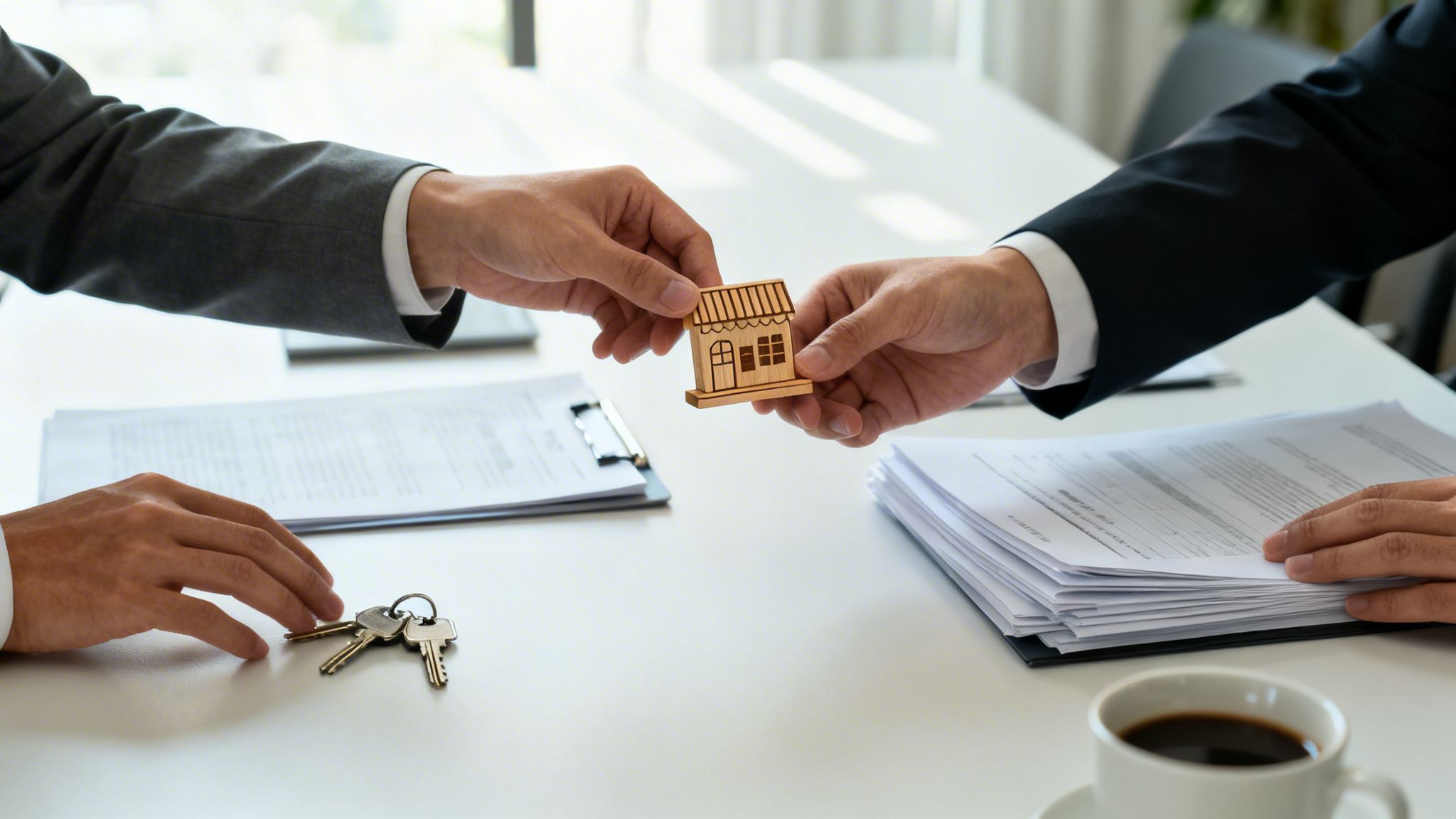 Two business people exchanging a wooden house model, with keys and documents on a white desk.