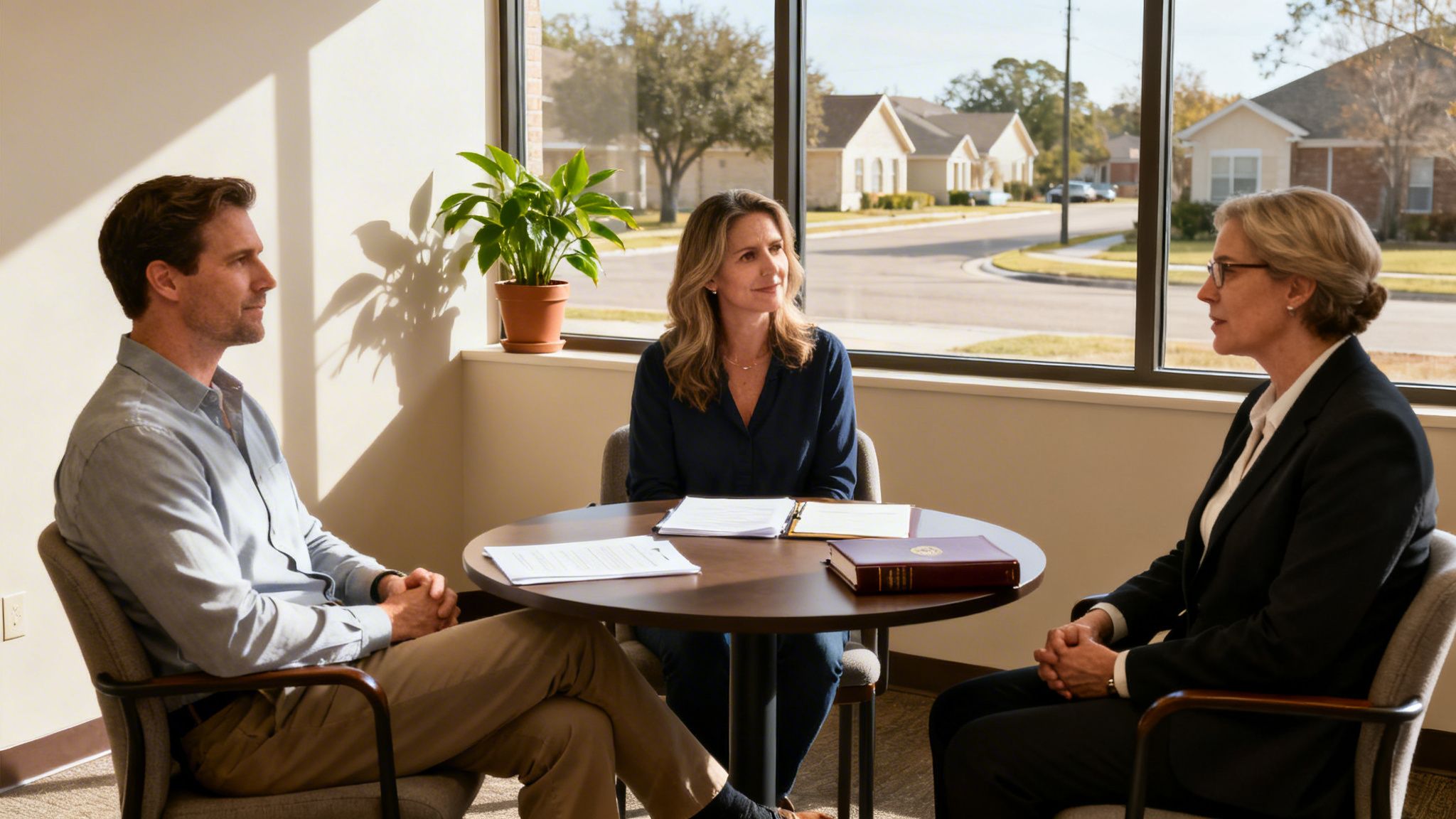A man and two women sit around a table in an office, likely for a mediation or consultation.