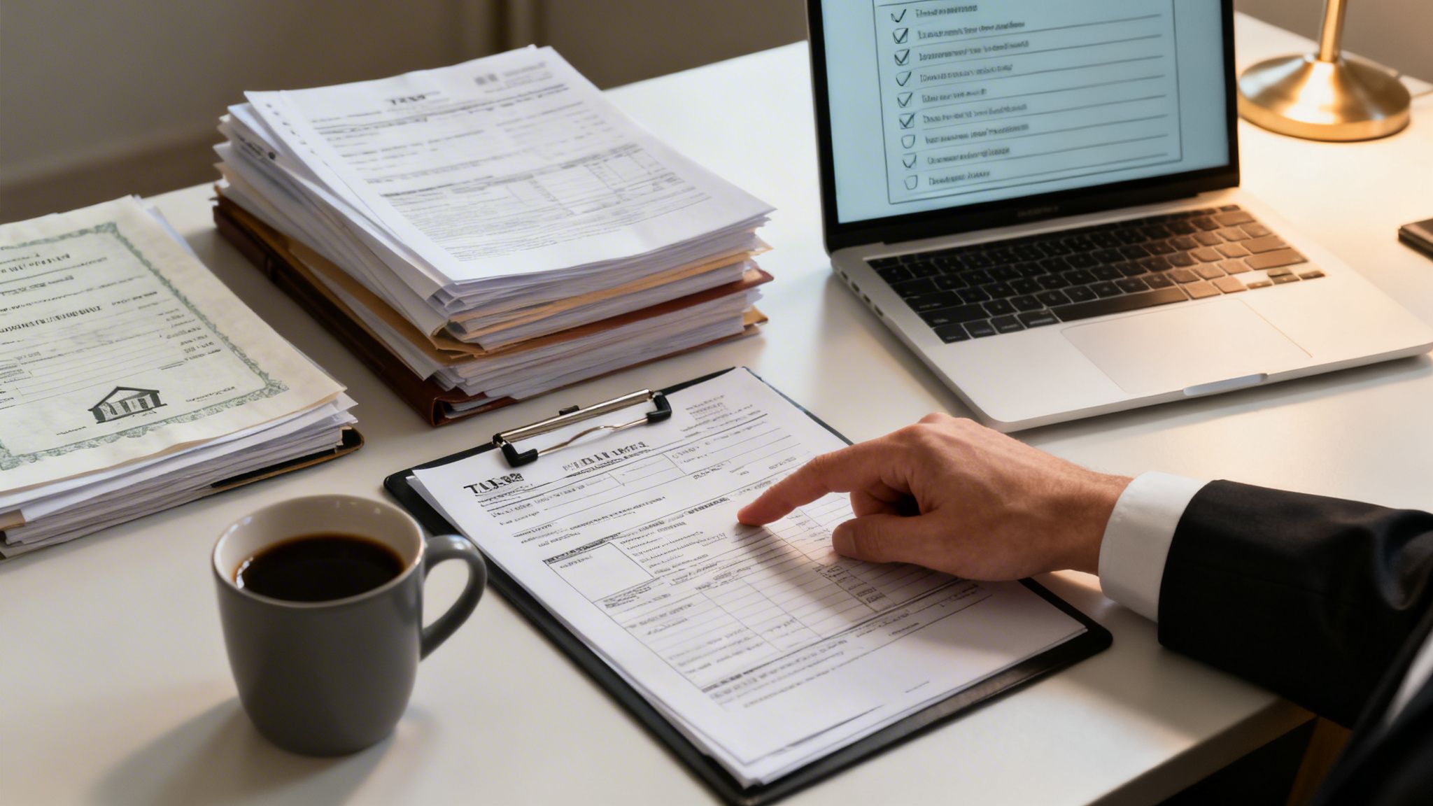 Businessman reviewing legal and tax documents with a laptop and coffee on a desk.
