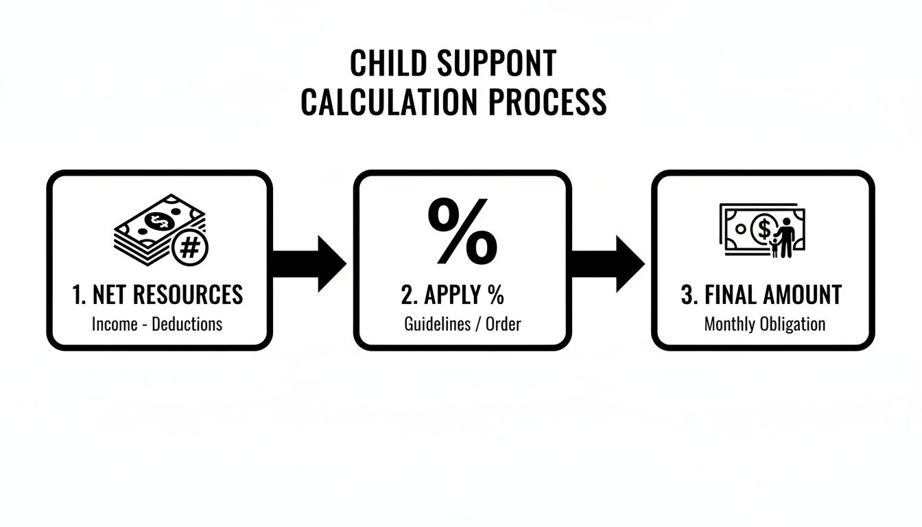 Flowchart illustrating the three-step child support calculation process: net resources, percentage application, and final monthly obligation.