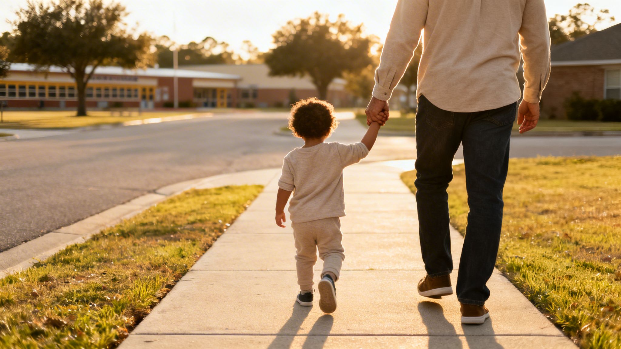 A father and his young son hold hands while walking on a sidewalk towards a school at sunset.