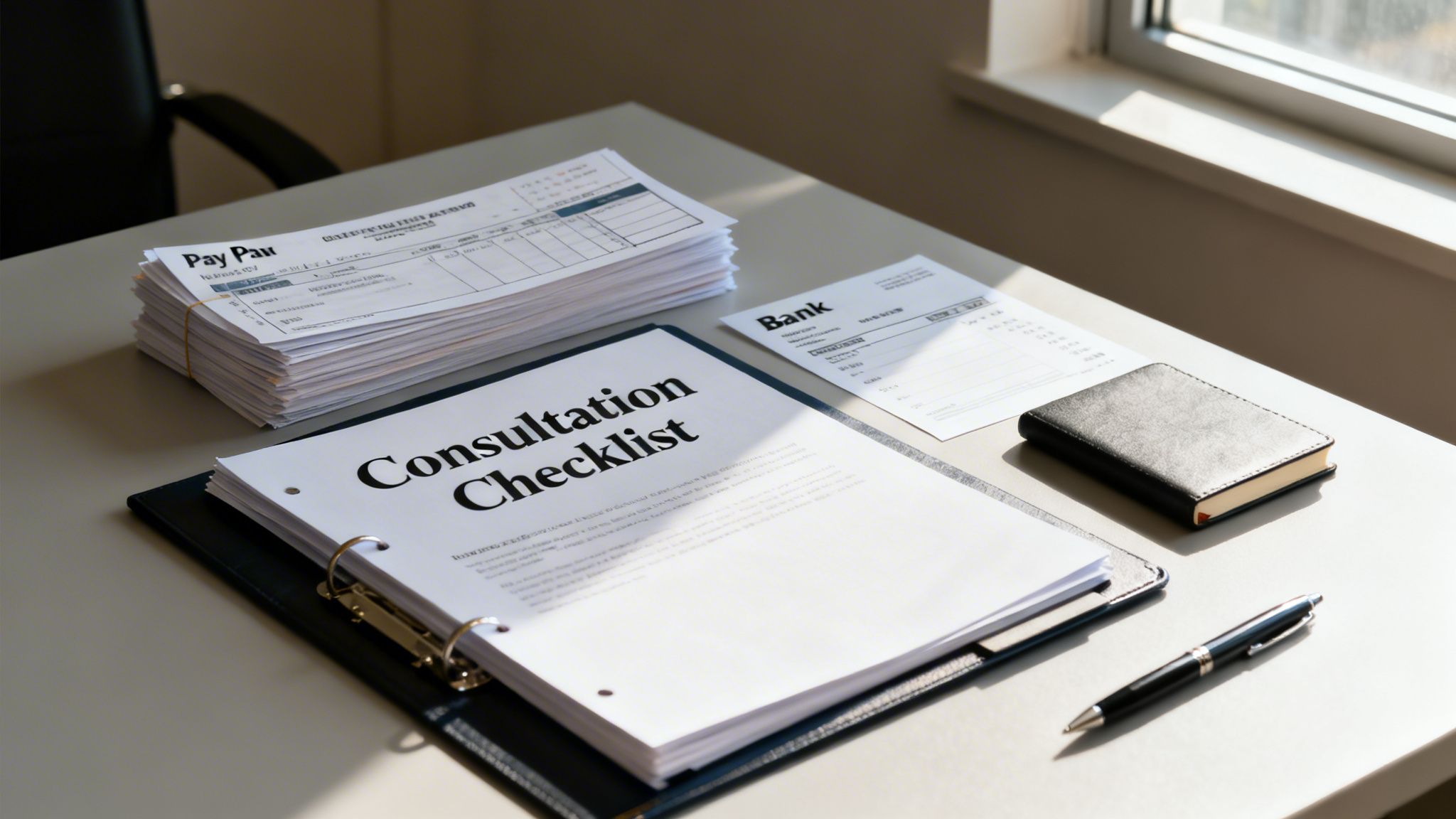 An office desk with a binder open to a 'Consultation Checklist,' stack of payroll papers, bank document, notebook, and pen.