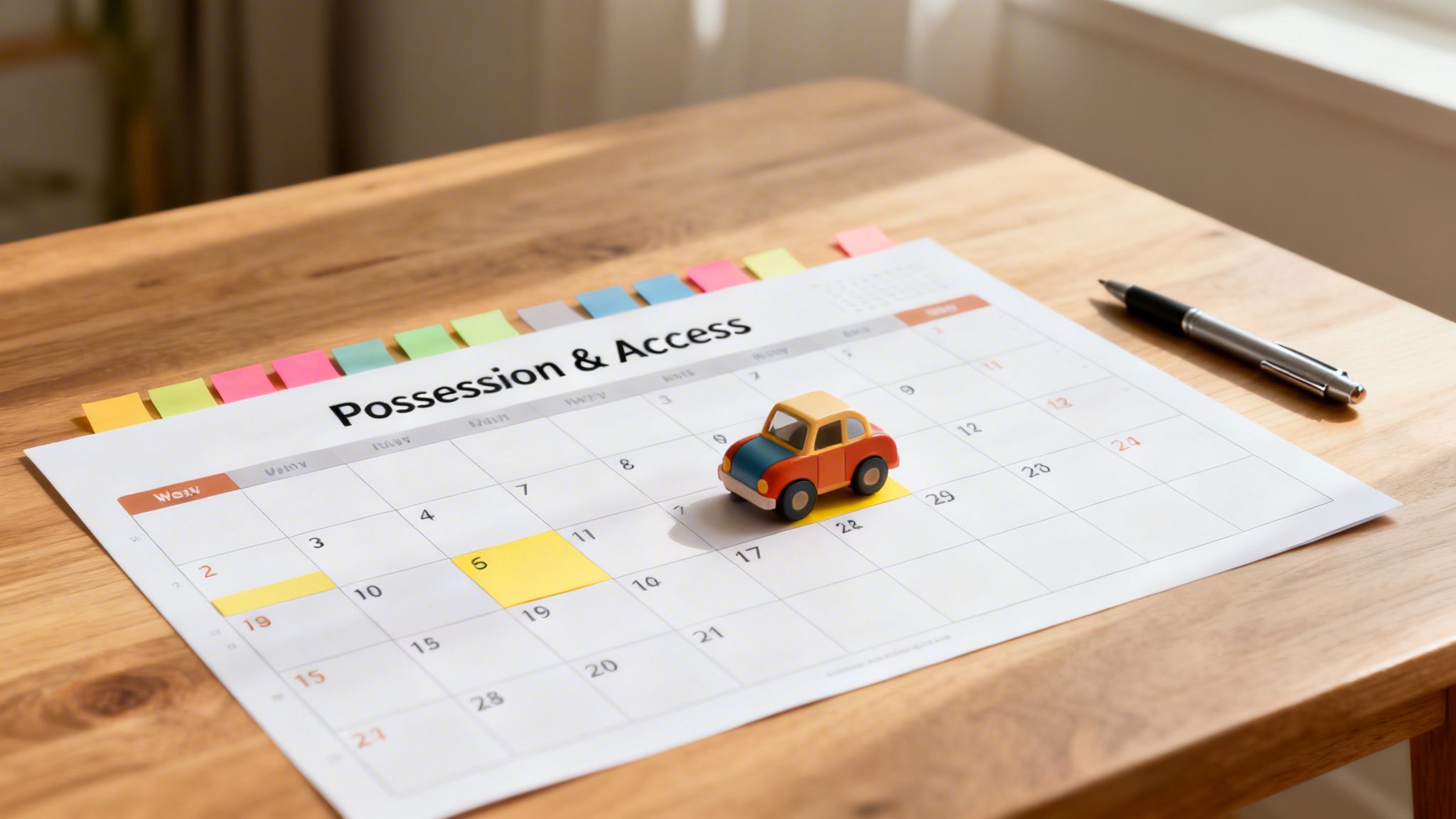 A calendar marked 'Possession & Access' with a toy car, highlighted dates, and a pen on a wooden table.