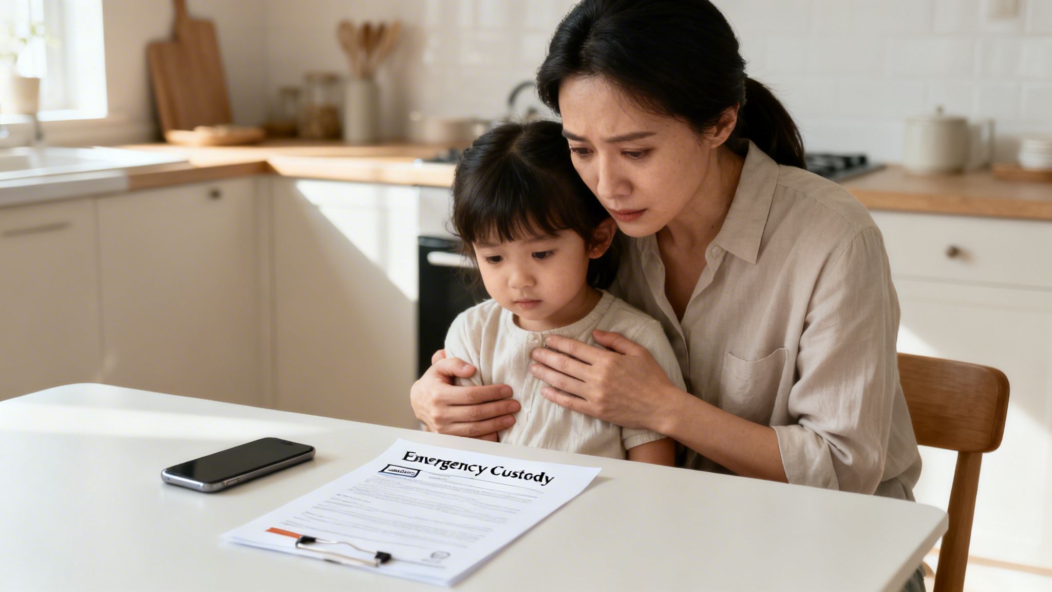 A distressed mother holds her child while looking at an emergency custody document on a kitchen table.