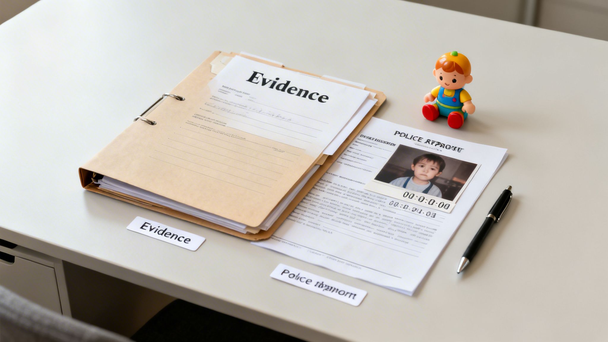 Desk with a file labeled 'Evidence', a police report featuring a child's photo, a pen, and a toy.