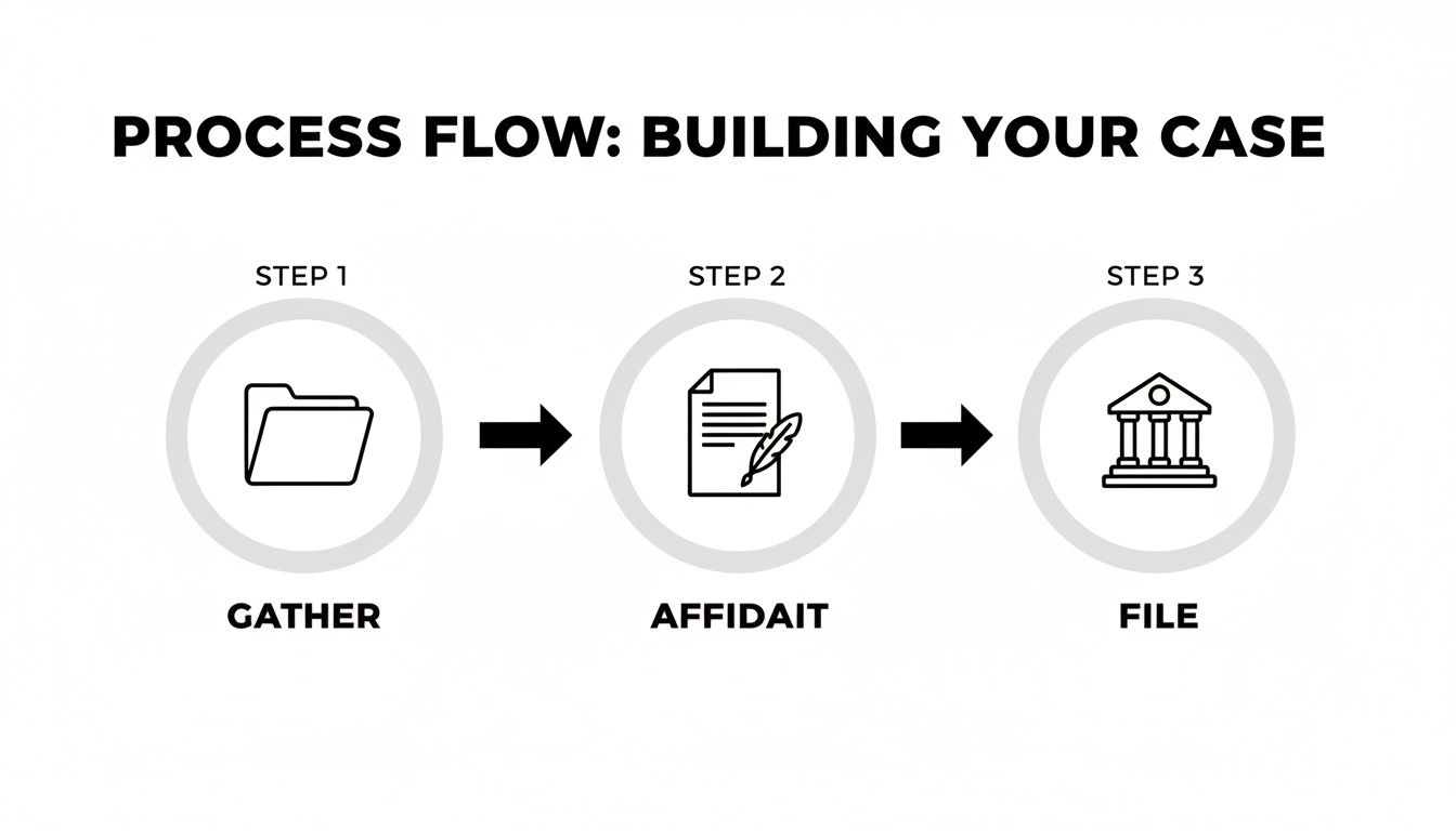 Process flow diagram showing three steps: Gather, Affidavit, and File for building a legal case.